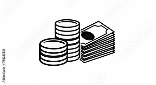 Stacked Coins and Banknotes Representing Financial Growth and Savings.