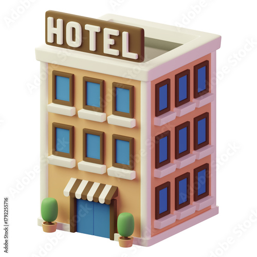 Charming cartoon hotel building with clear sign and inviting entrance, perfect for travel apps and website graphics.