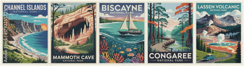 Vintage-style vector travel poster collection of five U.S. national parks—L. Islands, Mammoth Cave, Biscayne, Congaree, Lassen—with stylized landscapes and bold retro typography