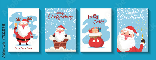 Christmas Greeting Cards Set with Santa Claus Vector Illustration.