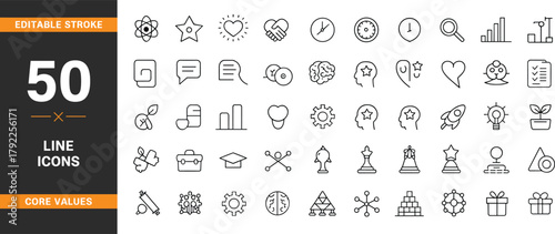 Editable stroke core values line icons collection, vector business ethics, teamwork, growth, leadership, innovation, goal, strategy, time management symbols
