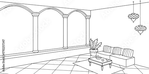 Balcony graphic black white interior sketch illustration vector 