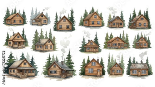 A collection of watercolor illustrations featuring rustic wooden log cabins and cozy forest houses surrounded by green pine trees.