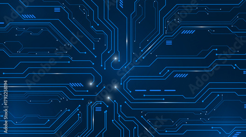 Circuit board on technology dark blue background. Abstract digital tech bg. Electronics and computer technology concept. Chip and circuit board. Chip connectors illustration. Digital vector web banner