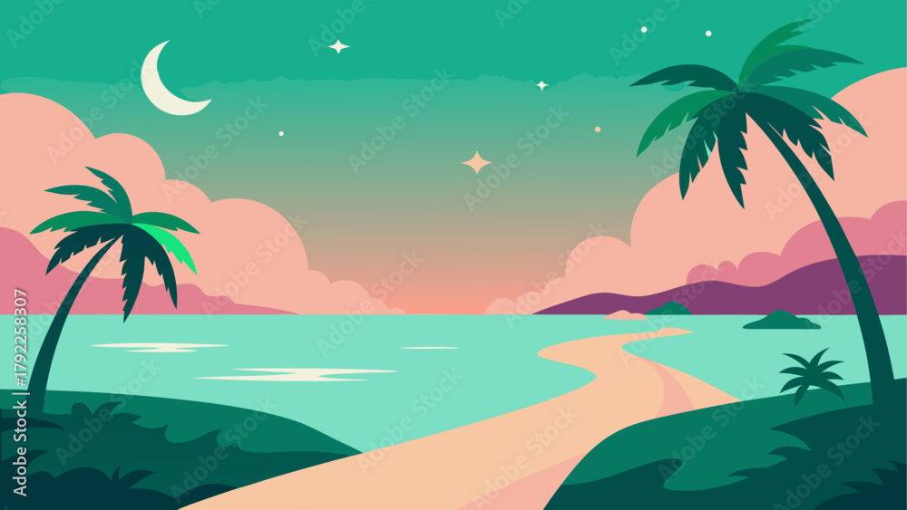 Obraz premium Tranquil tropical beach at twilight with palm trees and a crescent moon