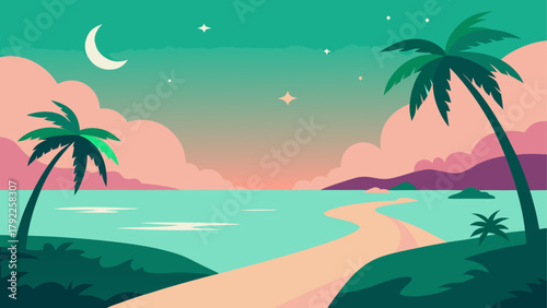 Tranquil tropical beach at twilight with palm trees and a crescent moon