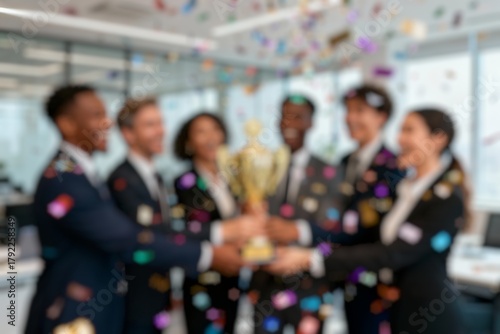 Blur image of A group of professional worker holding a gold trophy and celebrating their team work victory.Business concept