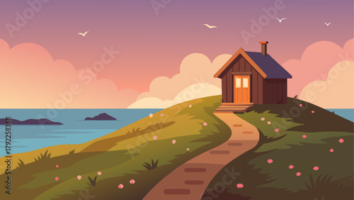 Charming wooden cabin on a grassy hill overlooking the ocean at sunset