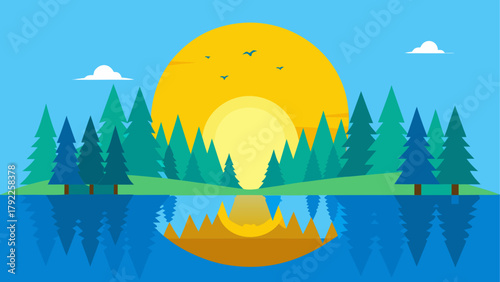 Flat design illustration of a serene forest landscape with a large sun reflecting in the water
