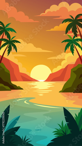 Vibrant tropical sunset over a serene bay with palm trees and lush foliage