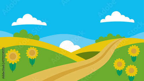 Bright and cheerful cartoon landscape with rolling hills sunflowers and a dirt road under a blue sky