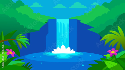 Vibrant cartoon waterfall in a lush jungle with tropical flowers and palm trees