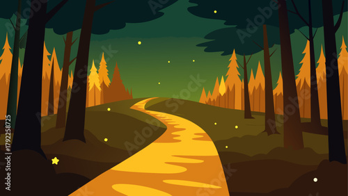 Enchanting forest path illuminated by fireflies at twilight