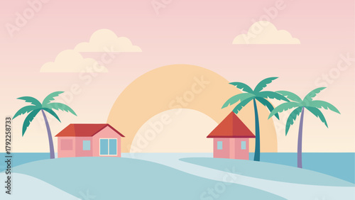 Tropical island landscape with houses and palm trees at sunset