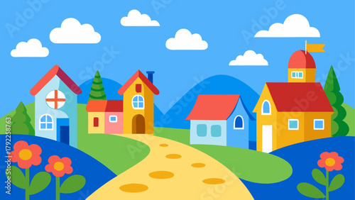 Charming cartoon village with colorful houses rolling hills and bright blue sky