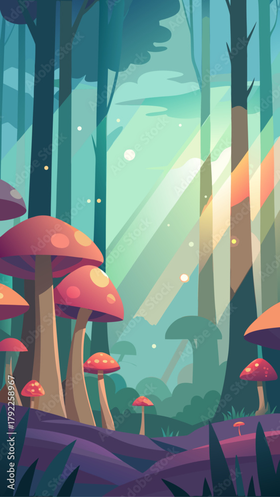 Naklejka premium Enchanting forest with giant mushrooms and magical sunbeams