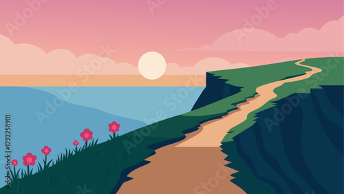 Coastal path winds along a cliff overlooking the ocean at sunset with flowers