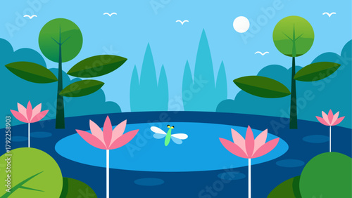 Stylized nature scene with a pond lotus flowers trees and a dragonfly