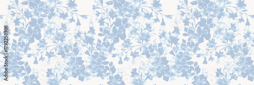 Elegant seamless vector floral pattern with soft blue flowers and leaves on a light background. Delicate botanical design for textiles, wallpapers, and romantic decor