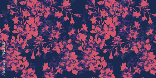 Seamless vector floral pattern with vivid pink and purple flowers on a dark navy background. Bold botanical design for fabric, wallpaper, fashion, and modern decor