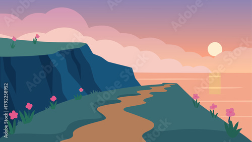 Peaceful coastal path at sunset with pink flowers and calm sea