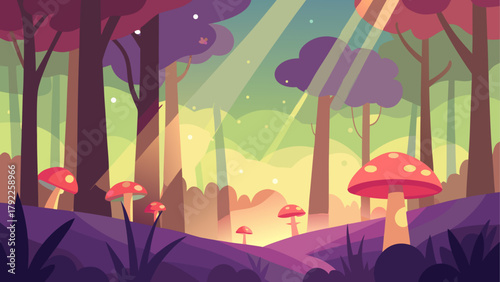 Enchanted forest with glowing mushrooms and sunbeams filtering through trees