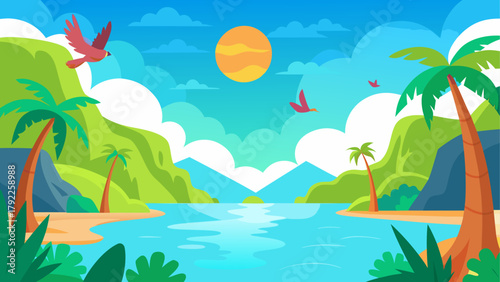 Vibrant tropical landscape with palm trees birds and a calm ocean under a sunny sky