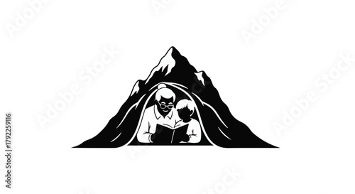 Father and child share a story inside a tent, surrounded by mountains, fostering imagination and connection.