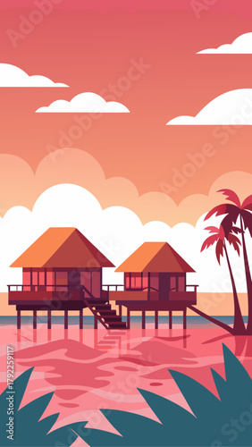 Tropical bungalows on stilts over calm water at sunset with palm trees