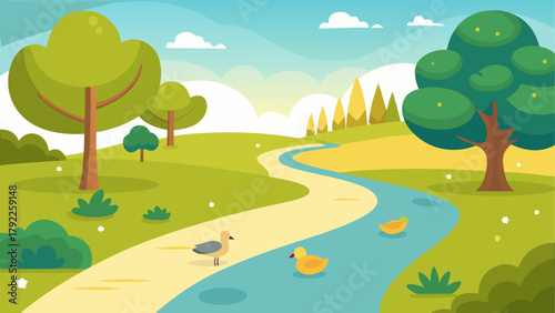 Charming cartoon landscape with a winding river trees and ducks on a sunny day