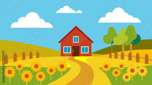 Charming red barn surrounded by sunflowers and rolling hills under a blue sky with clouds