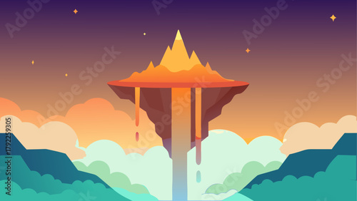 Fantasy floating island with glowing mountain and ethereal clouds at sunset