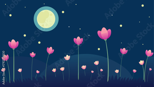 Whimsical night scene with pink flowers under a large moon and stars