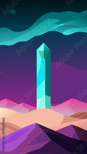 Surreal alien landscape with a glowing crystal monolith under a vibrant sky