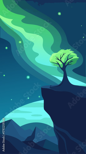 Lone tree on a cliff under a vibrant green aurora borealis sky