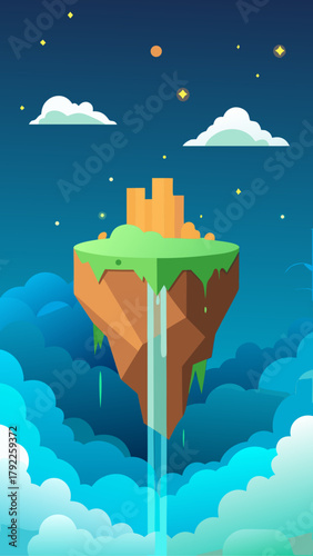 Floating island with city and waterfall in a starry night sky