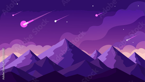 Purple mountain landscape with shooting stars and clouds at night