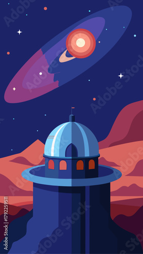 Futuristic alien observatory on a desolate planet with a ringed planet in the night sky