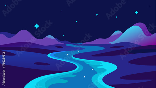 Stylized alien landscape with a glowing river under a starry night sky