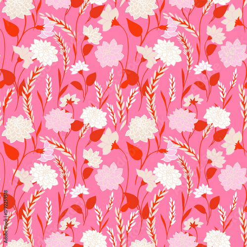 Chic modern seamless vector pattern with cream and blush pink blooms, red stems, grain details on vivid pink. Template for textiles, wallpaper, gift wrap and packaging