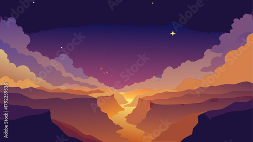 Stylized canyon landscape at dusk with colorful clouds and stars