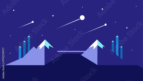 Stylized night landscape with mountains and shooting stars