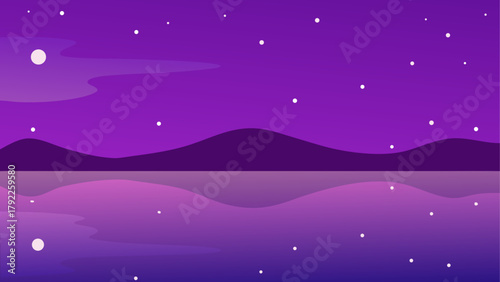 Vibrant purple night sky with a full moon and stars reflected in calm water