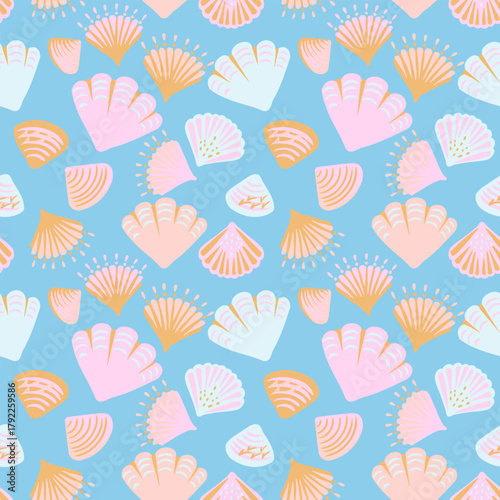 Seamless vector pattern with pastel seashells on a bright blue background. Playful marine design perfect for summer products, kids textiles, beach decor, wrapping paper, and swimwear