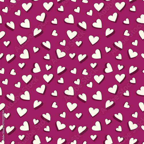 Seamless vector pattern with white hearts and soft shadows on a deep magenta background. Romantic and playful design perfect for Valentines Day, wrapping paper, and love decor