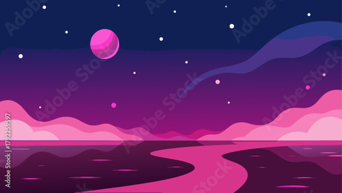 Vibrant alien landscape with pink planet and starry night sky