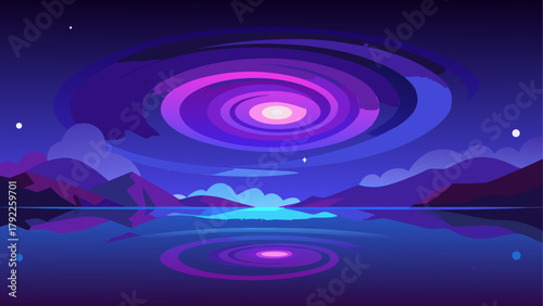Surreal cosmic landscape with swirling galaxy over a tranquil lake at night