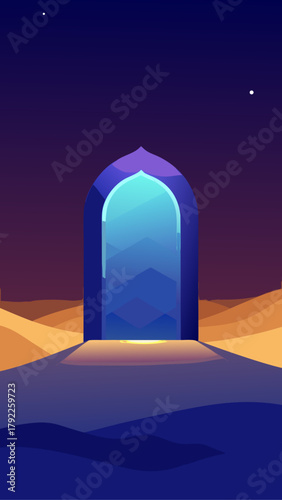 Mystical islamic archway portal in a desert landscape at night