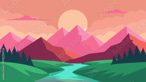 Vibrant flat design mountain landscape with river and sun