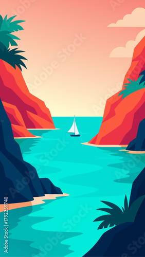 Stylized illustration of a sailboat navigating a turquoise bay between colorful cliffs